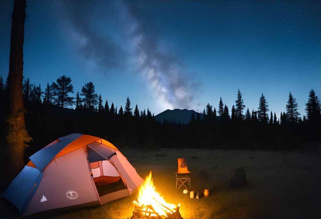Illustration of a small tent with a campfire in front of it under a night sky