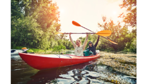 Kayaking on a river with friends